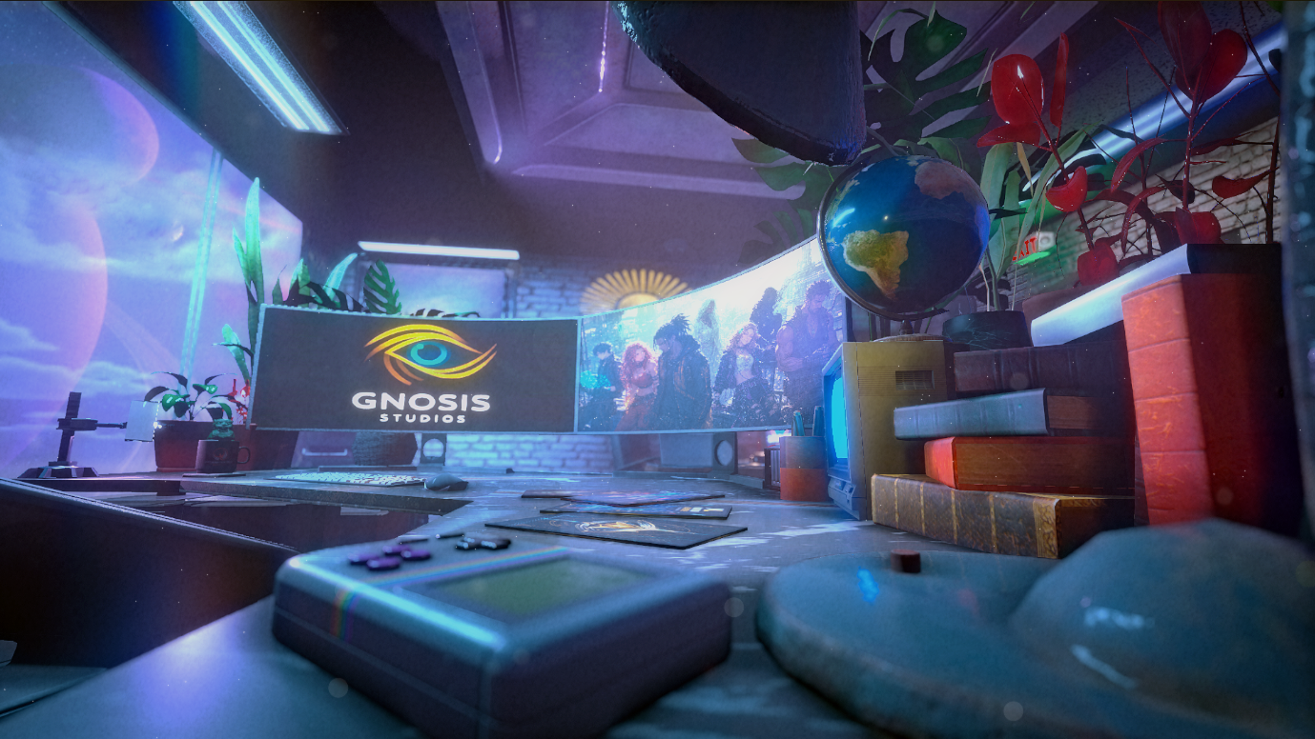 Cinematic Gnosis Interactive digital studio desk artwork with blue and gold lighting